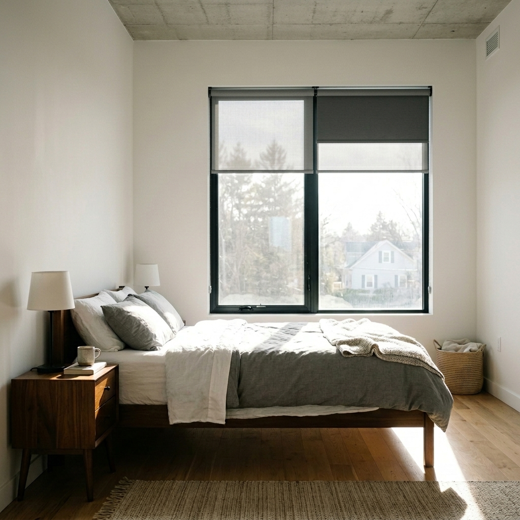 Bedroom with roller blinds installed
